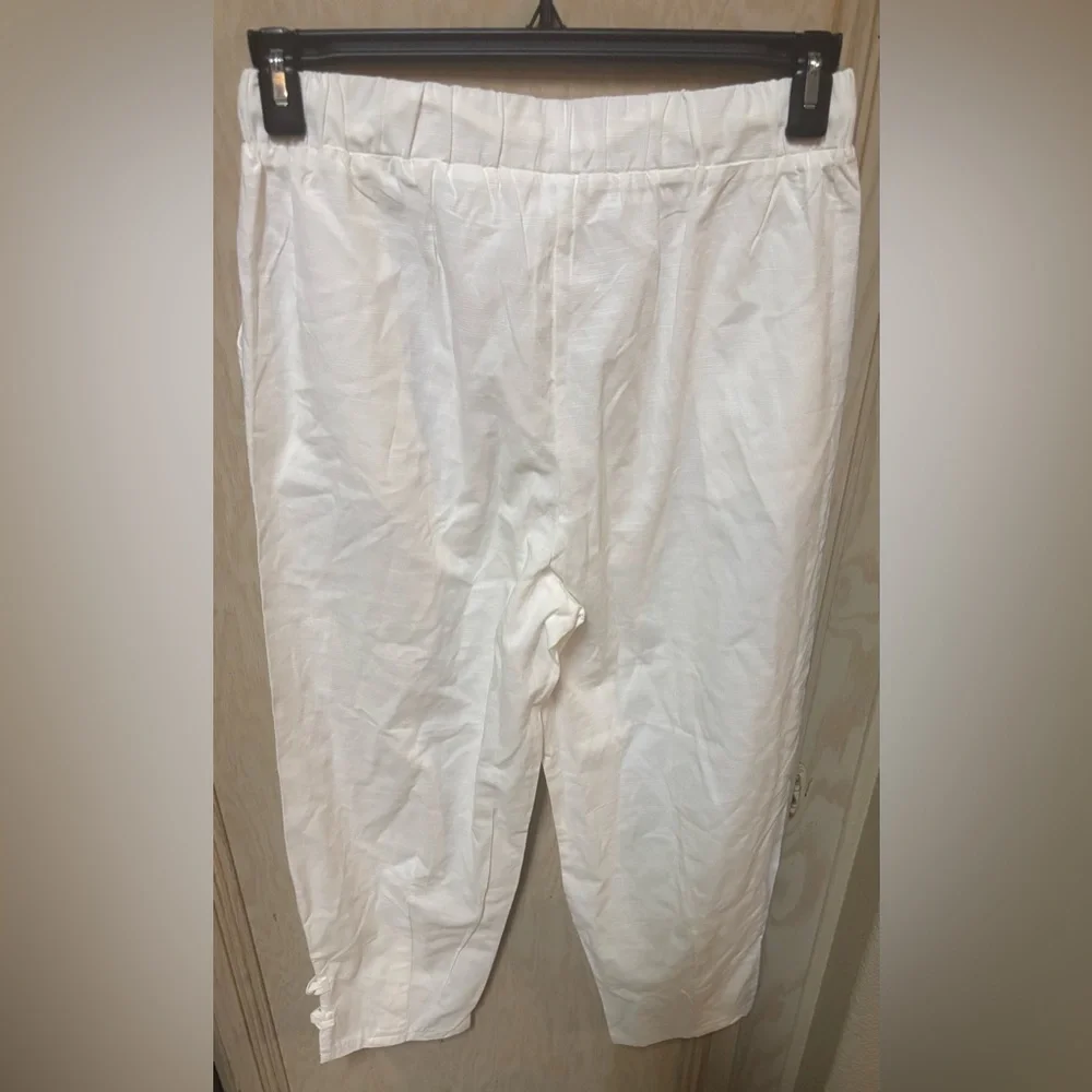 Linen Blend Pants‎ Womens M White Cropped Summer Resort Comfort Capri Drawstring